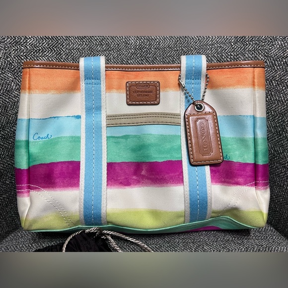 Vintage 2000 Coach bag purse spring color strip cloth w dust bag - Picture 8 of 12